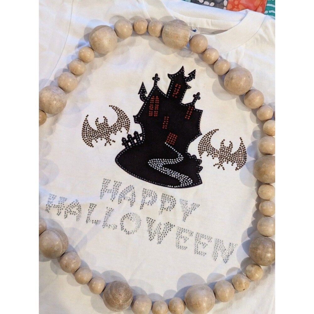 One of a Kind Girls Happy Halloween studded shirt haunted house bats Medium